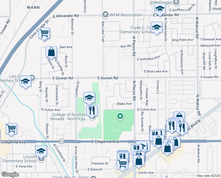 map of restaurants, bars, coffee shops, grocery stores, and more near 3512 Rio Robles Drive in North Las Vegas