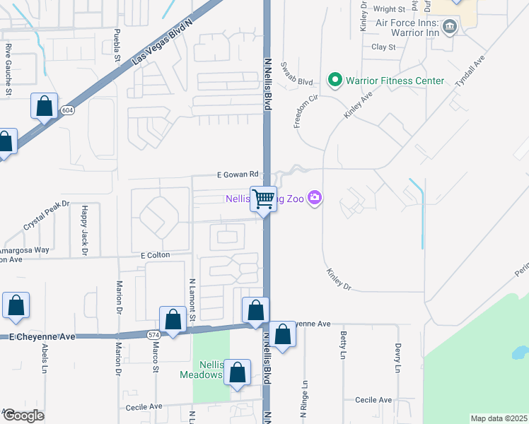 map of restaurants, bars, coffee shops, grocery stores, and more near 204 North Nellis Boulevard in Nellis Air Force Base