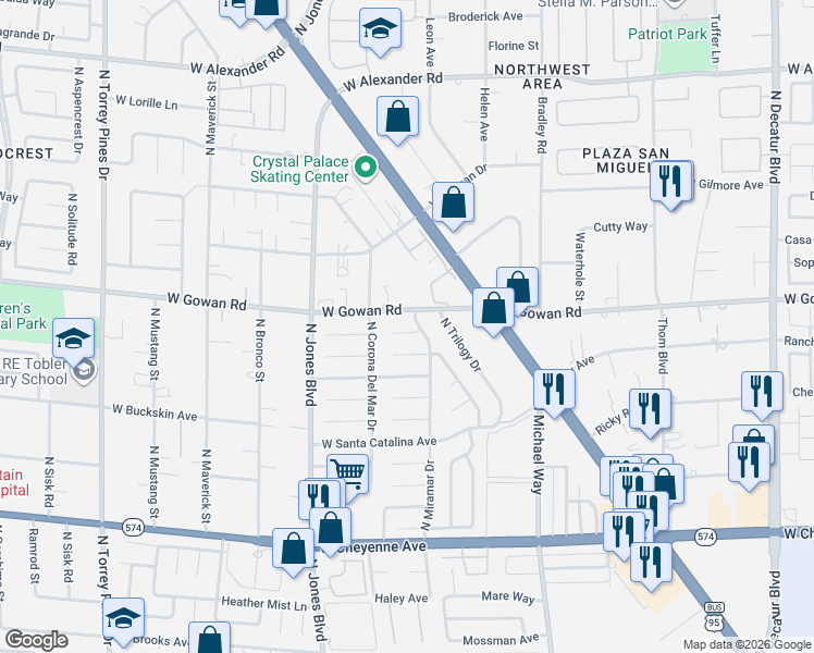 map of restaurants, bars, coffee shops, grocery stores, and more near 5821 West Westport Circle in Las Vegas
