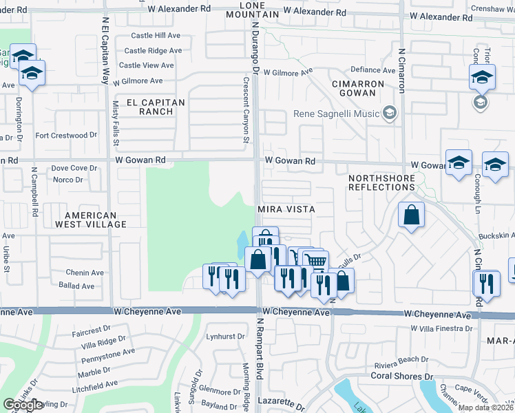 map of restaurants, bars, coffee shops, grocery stores, and more near 3501 North Durango Drive in Las Vegas