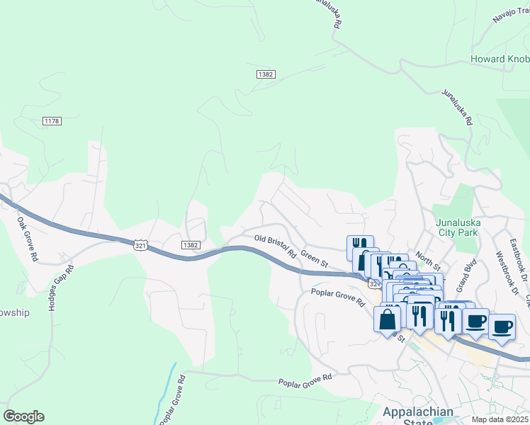 map of restaurants, bars, coffee shops, grocery stores, and more near 424 Green Street in Boone