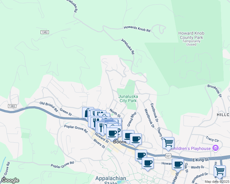 map of restaurants, bars, coffee shops, grocery stores, and more near 224 Junaluska Road in Boone