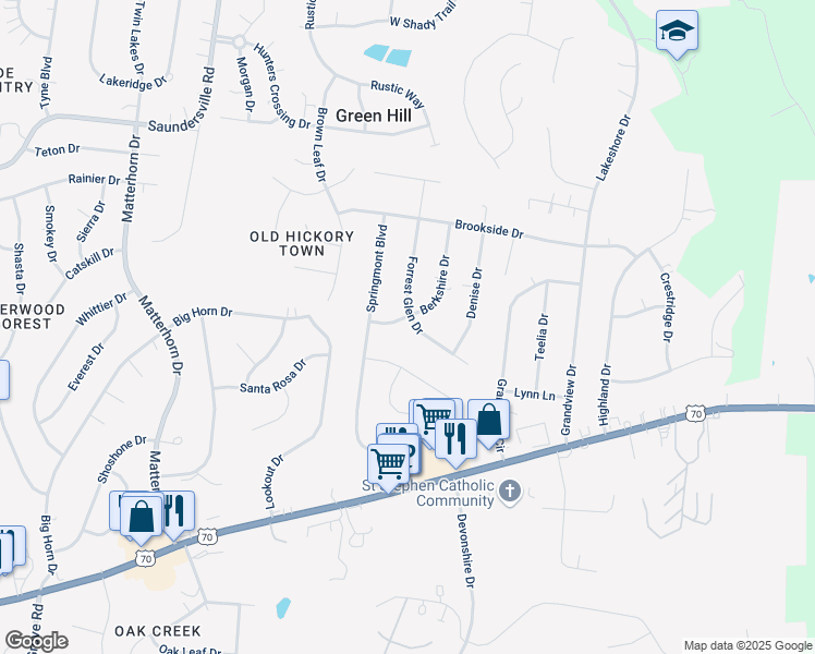 map of restaurants, bars, coffee shops, grocery stores, and more near 855 Forrest Glen Drive in Green Hill