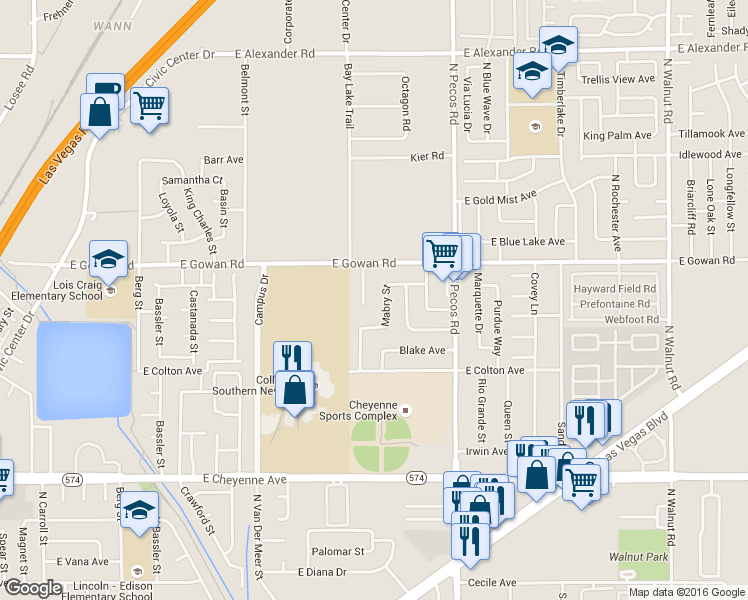 map of restaurants, bars, coffee shops, grocery stores, and more near 3512 Rio Robles Drive in North Las Vegas