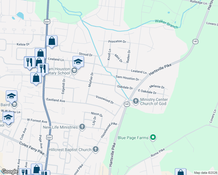 map of restaurants, bars, coffee shops, grocery stores, and more near 412 Oakdale Drive in Lebanon