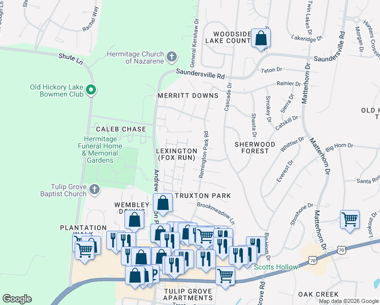map of restaurants, bars, coffee shops, grocery stores, and more near 840 Old Coach Court in Nashville