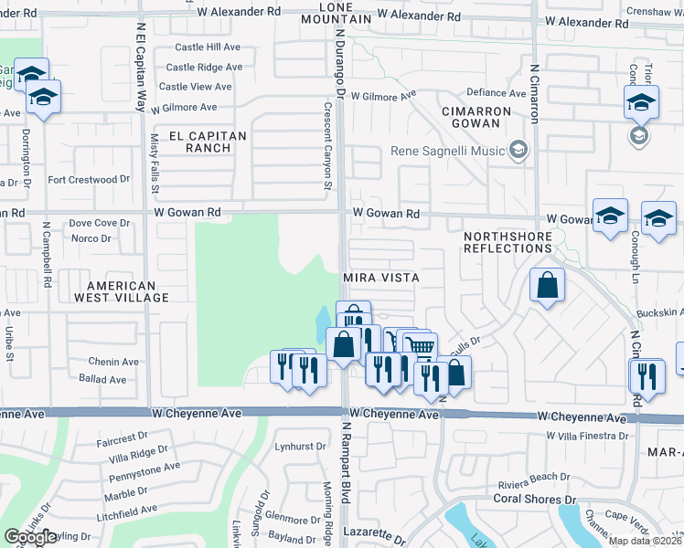 map of restaurants, bars, coffee shops, grocery stores, and more near 3521 North Durango Drive in Las Vegas