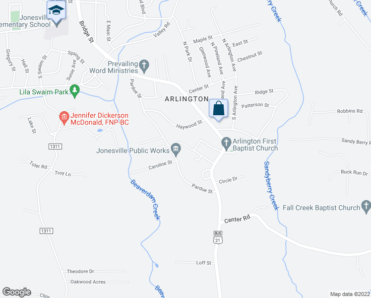 map of restaurants, bars, coffee shops, grocery stores, and more near 133 Bryant Street in Jonesville