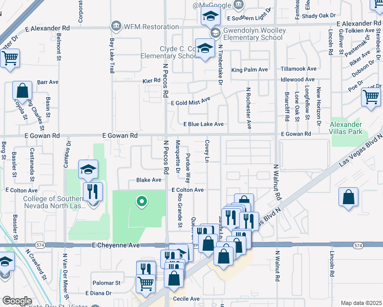 map of restaurants, bars, coffee shops, grocery stores, and more near 3540 Purdue Way in Las Vegas