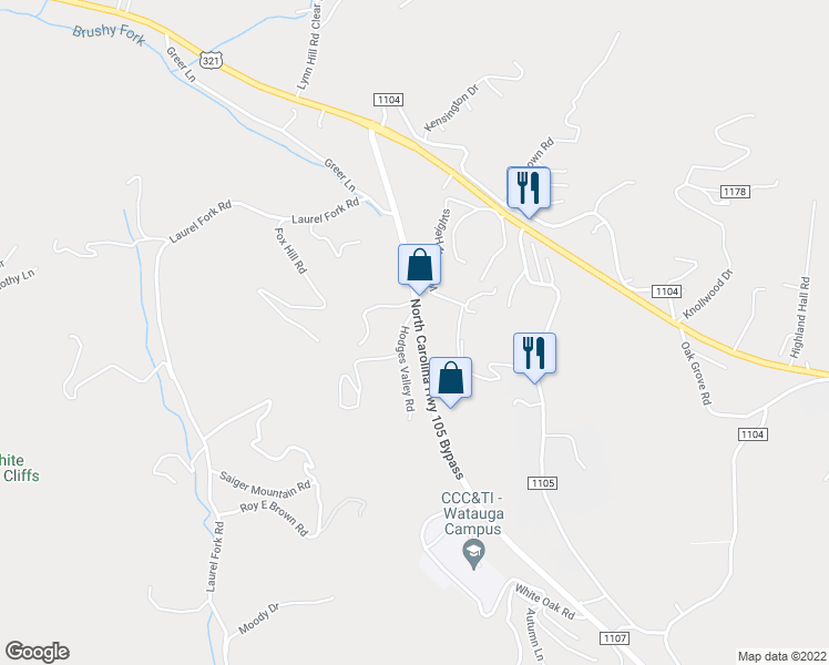 map of restaurants, bars, coffee shops, grocery stores, and more near 596 North Carolina Highway 105 Bypass in Boone