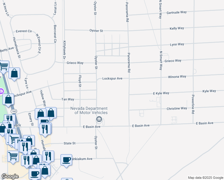 map of restaurants, bars, coffee shops, grocery stores, and more near 221 Oyster Street in Pahrump