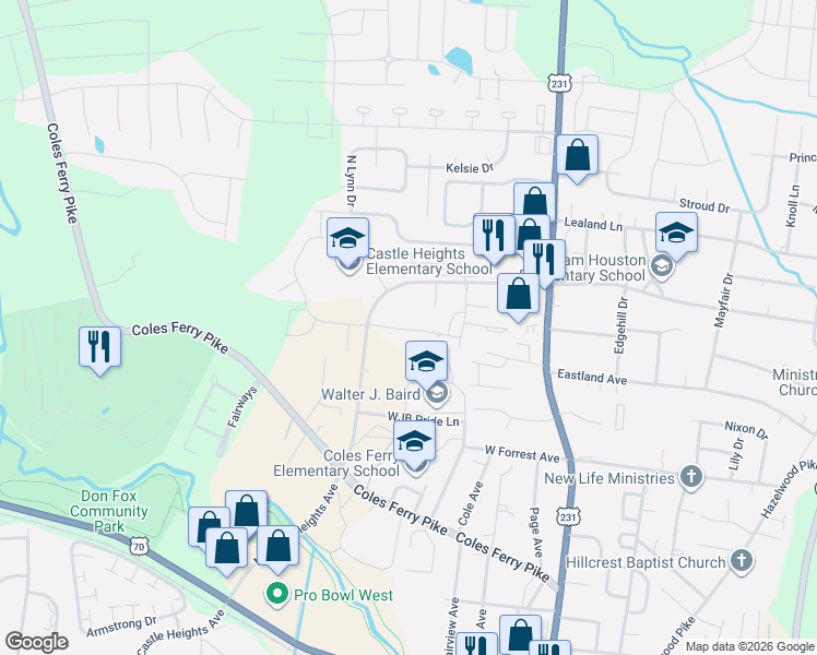 map of restaurants, bars, coffee shops, grocery stores, and more near 1020 North Castle Heights Avenue in Lebanon
