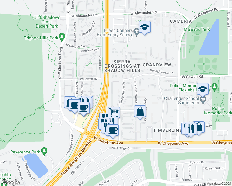 map of restaurants, bars, coffee shops, grocery stores, and more near 3501 Shady Timber Street in Las Vegas