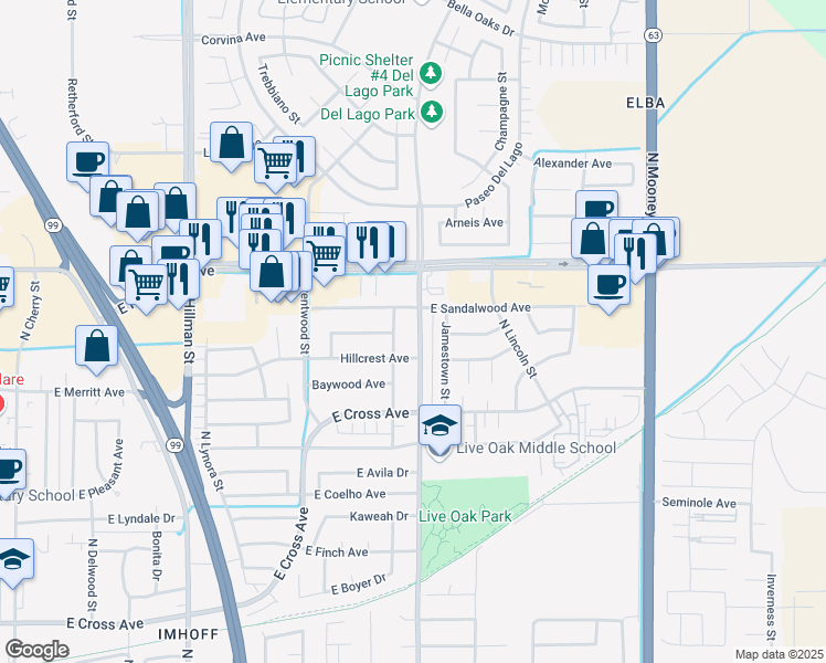 map of restaurants, bars, coffee shops, grocery stores, and more near 1243 North Laspina Street in Tulare