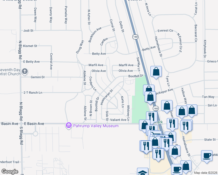map of restaurants, bars, coffee shops, grocery stores, and more near 2 Boothill Drive in Pahrump