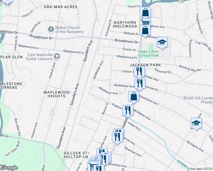 map of restaurants, bars, coffee shops, grocery stores, and more near 4105 Burrus Street in Nashville