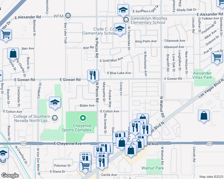map of restaurants, bars, coffee shops, grocery stores, and more near 3540 Purdue Way in Las Vegas