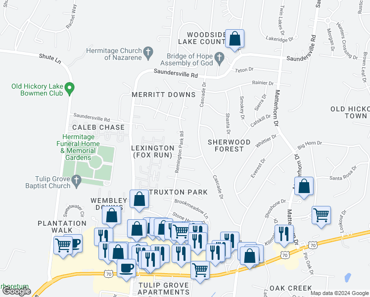 map of restaurants, bars, coffee shops, grocery stores, and more near 3004 Remington Park Lane in Nashville