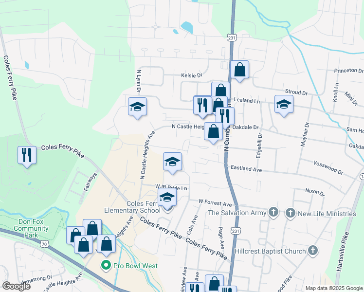 map of restaurants, bars, coffee shops, grocery stores, and more near 1020a North Castle Heights Avenue in Lebanon