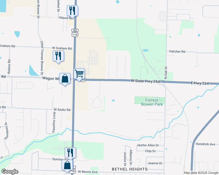 map of restaurants, bars, coffee shops, grocery stores, and more near 413 West State Highway 264 in Springdale