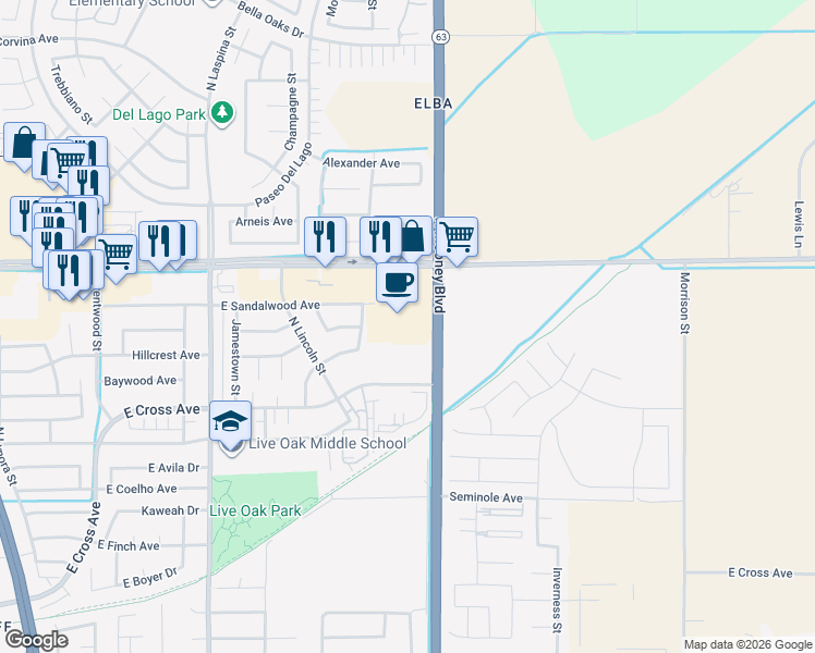 map of restaurants, bars, coffee shops, grocery stores, and more near 2195 East Prosperity Avenue in Tulare