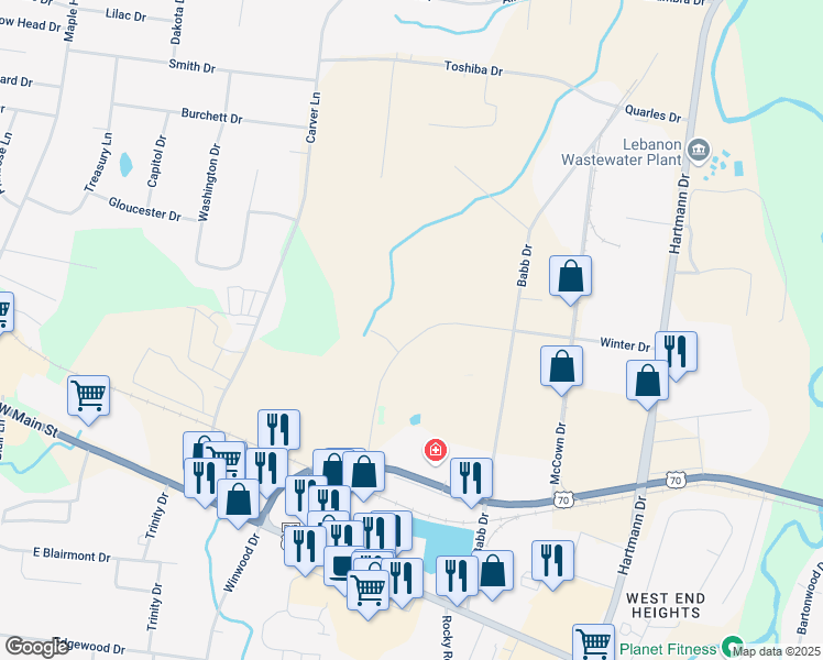 map of restaurants, bars, coffee shops, grocery stores, and more near 1409 Winter Drive in Lebanon