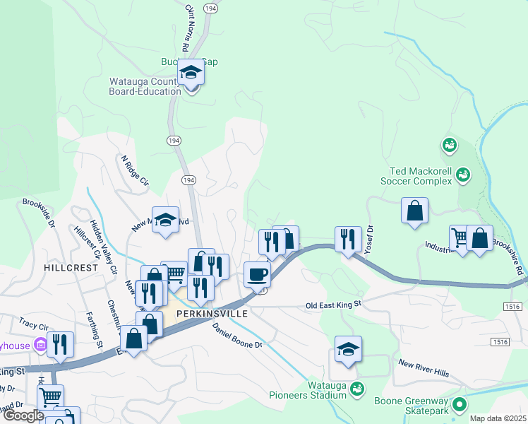 map of restaurants, bars, coffee shops, grocery stores, and more near 161 5th Street in Boone