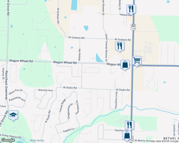 map of restaurants, bars, coffee shops, grocery stores, and more near 1403 Lexington Circle in Springdale