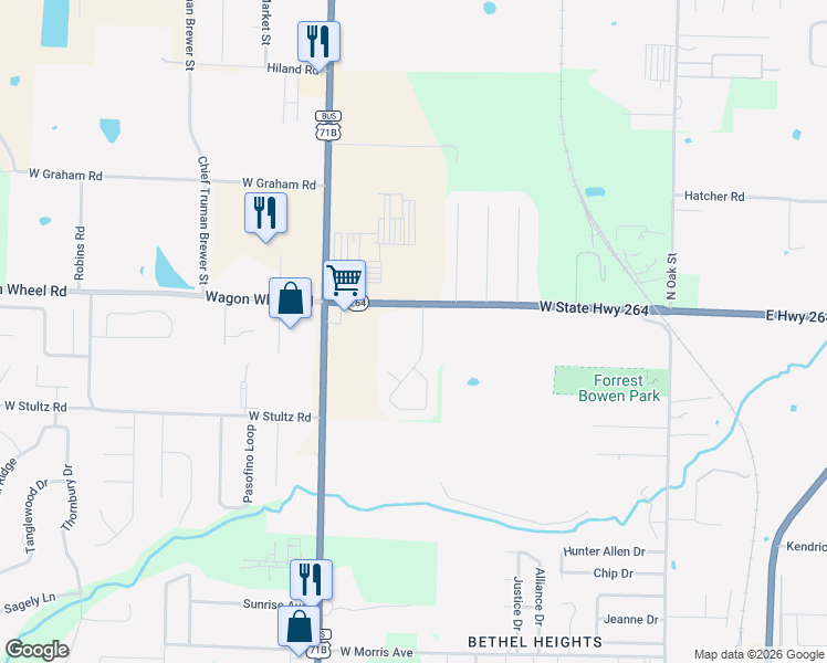 map of restaurants, bars, coffee shops, grocery stores, and more near 4360 Ferns Valley Loop in Springdale
