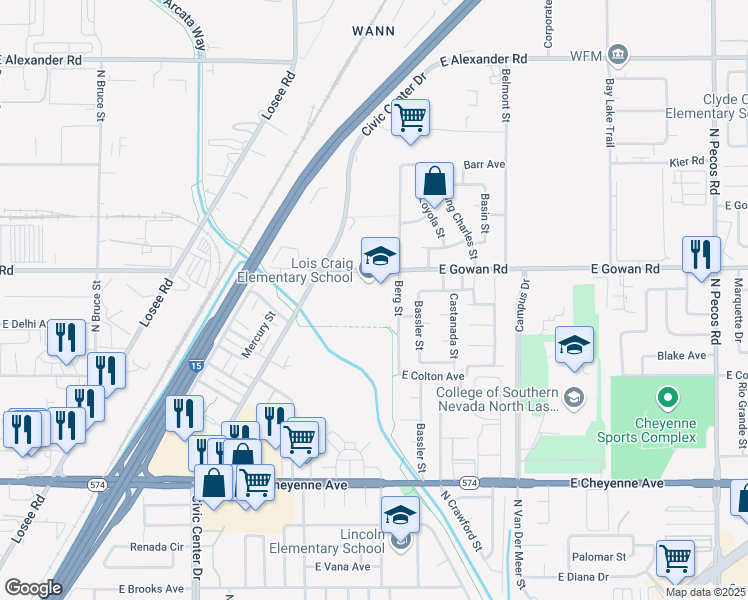 map of restaurants, bars, coffee shops, grocery stores, and more near 2637 E Gowan Rd in North Las Vegas