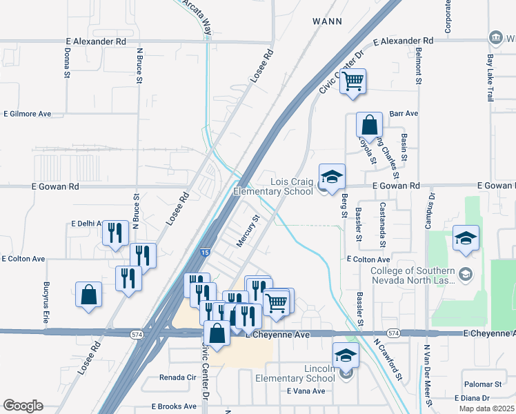 map of restaurants, bars, coffee shops, grocery stores, and more near 3500a Mercury Street in North Las Vegas