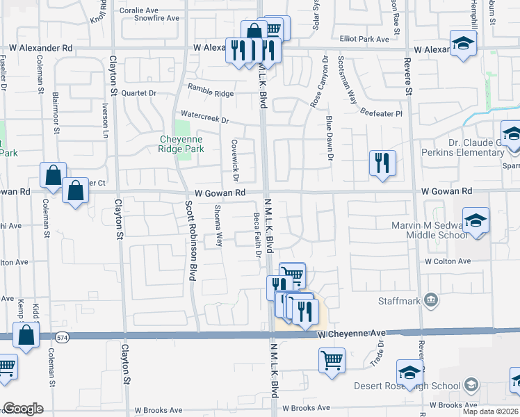 map of restaurants, bars, coffee shops, grocery stores, and more near 1525 Knoll Heights Court in North Las Vegas