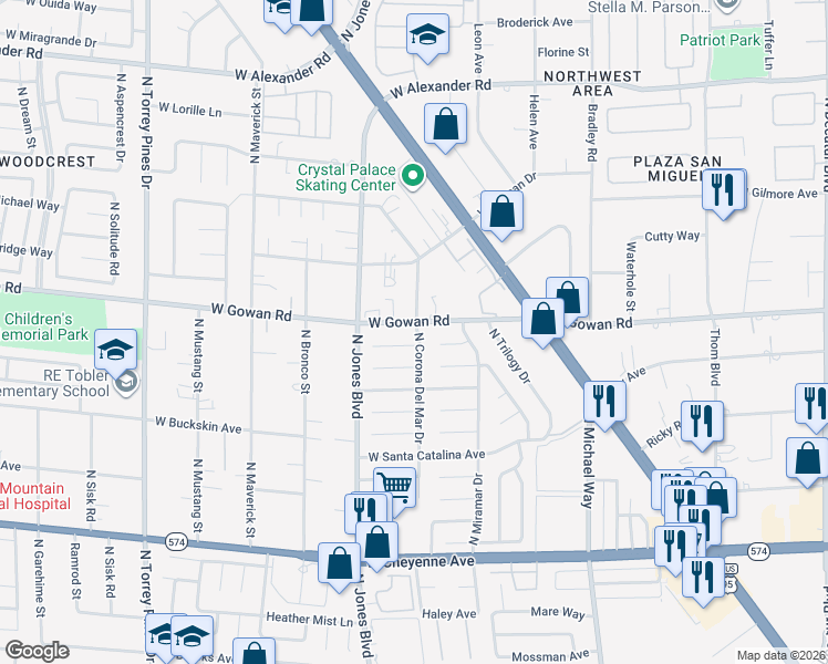 map of restaurants, bars, coffee shops, grocery stores, and more near 5909 West Carmel Way in Las Vegas