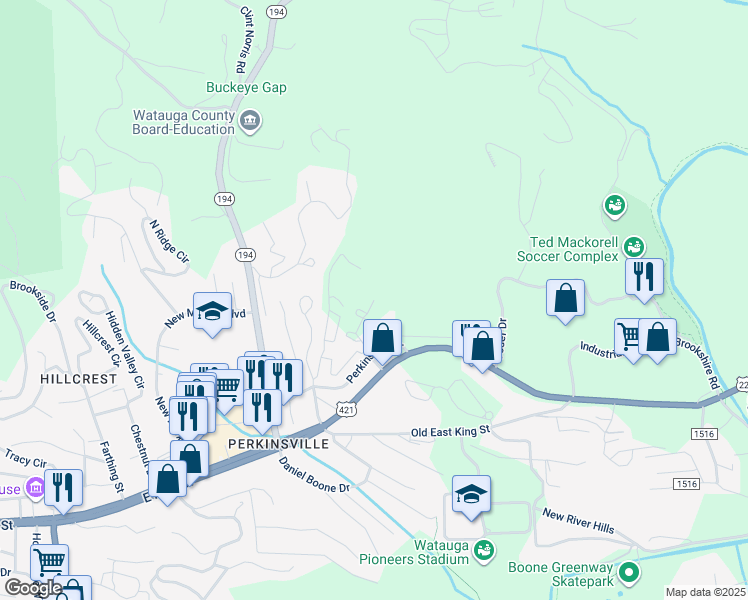 map of restaurants, bars, coffee shops, grocery stores, and more near 161 5th St in Boone