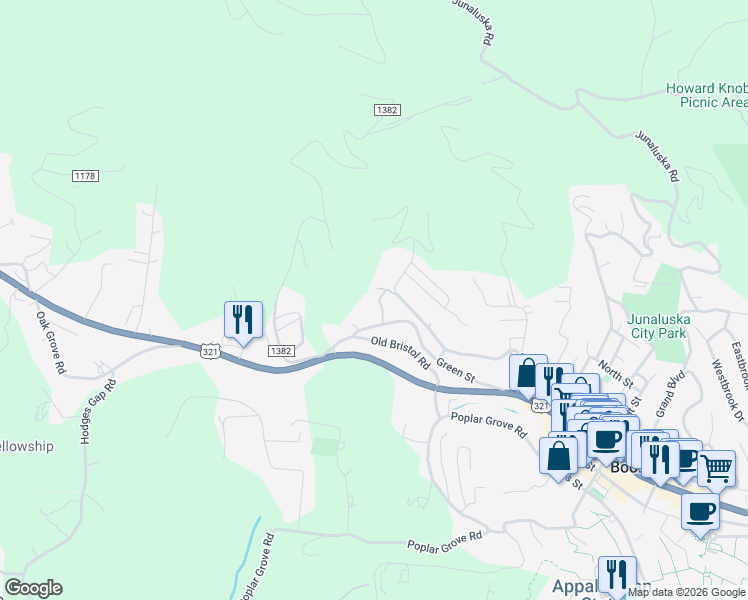 map of restaurants, bars, coffee shops, grocery stores, and more near 504 Green Street in Boone