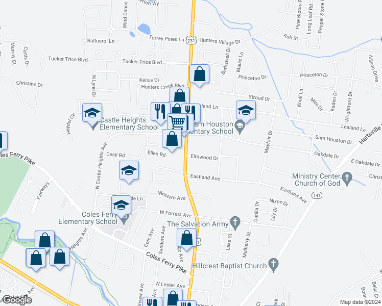 map of restaurants, bars, coffee shops, grocery stores, and more near 906 U.S. 231 in Lebanon