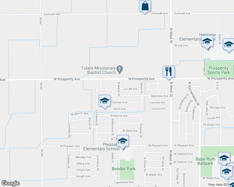 map of restaurants, bars, coffee shops, grocery stores, and more near 1187 North Milner Street in Tulare