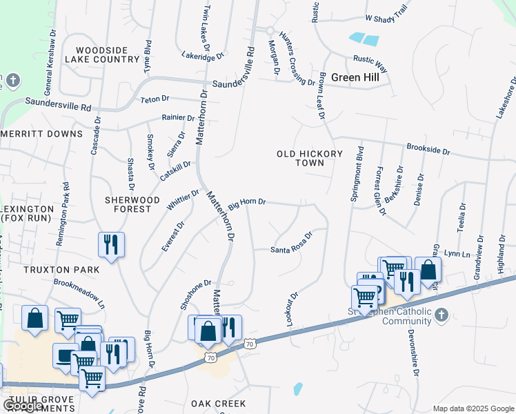 map of restaurants, bars, coffee shops, grocery stores, and more near 314 Blue Ridge Drive in Green Hill