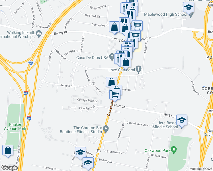 map of restaurants, bars, coffee shops, grocery stores, and more near 2121 Sunset Circle in Nashville