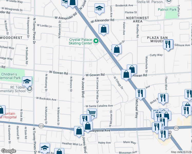 map of restaurants, bars, coffee shops, grocery stores, and more near 5909 West Carmel Way in Las Vegas