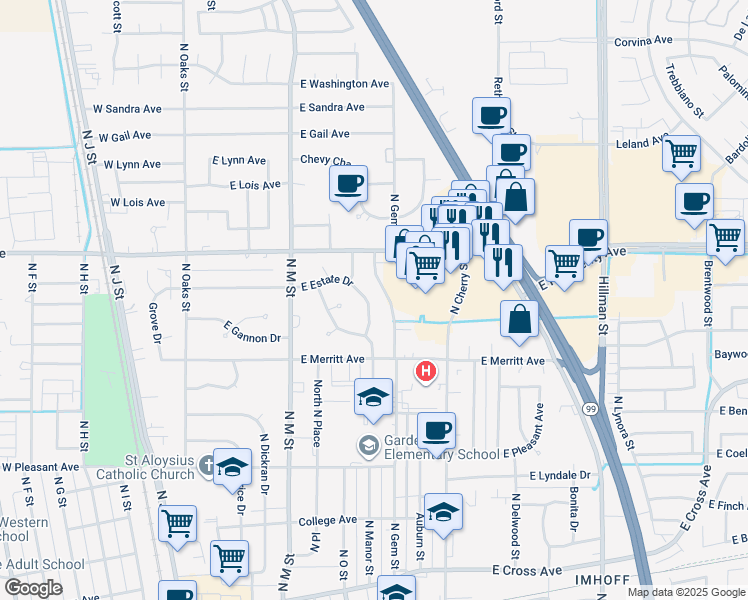 map of restaurants, bars, coffee shops, grocery stores, and more near 530 East Estate Drive in Tulare