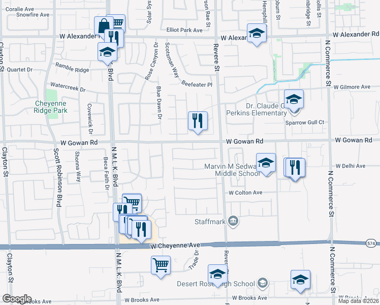 map of restaurants, bars, coffee shops, grocery stores, and more near 925 Baritone Way in North Las Vegas
