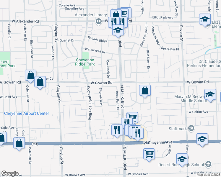 map of restaurants, bars, coffee shops, grocery stores, and more near 1601 Woodward Heights Way in North Las Vegas