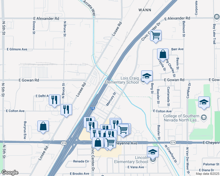 map of restaurants, bars, coffee shops, grocery stores, and more near 3505 Bulloch Street in North Las Vegas