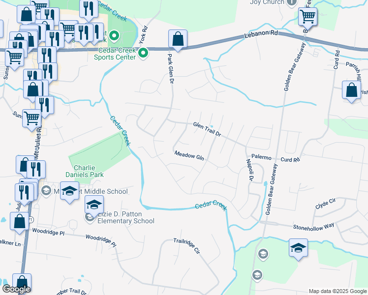 map of restaurants, bars, coffee shops, grocery stores, and more near 2828 Meadow Glen in Mt. Juliet