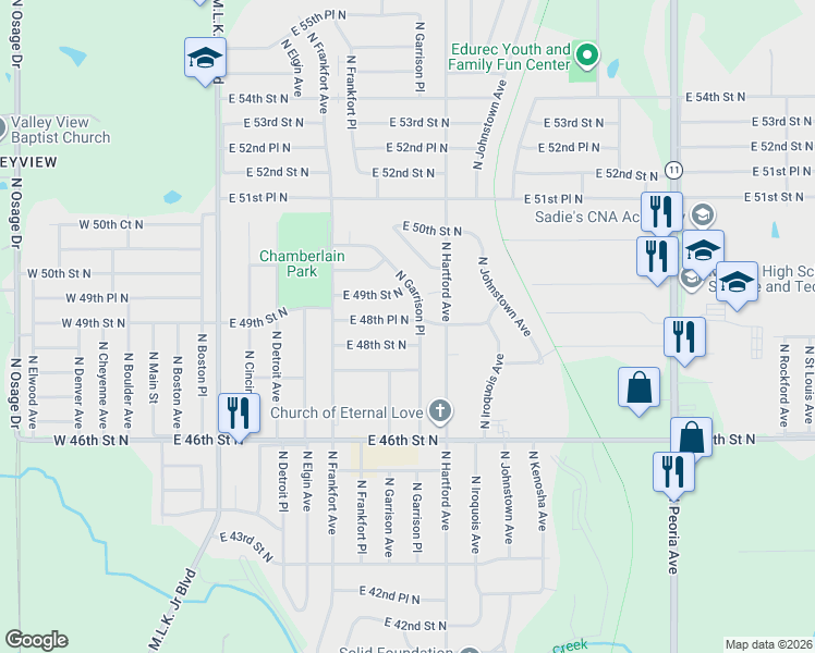 map of restaurants, bars, coffee shops, grocery stores, and more near 570 East 48th Place North in Tulsa
