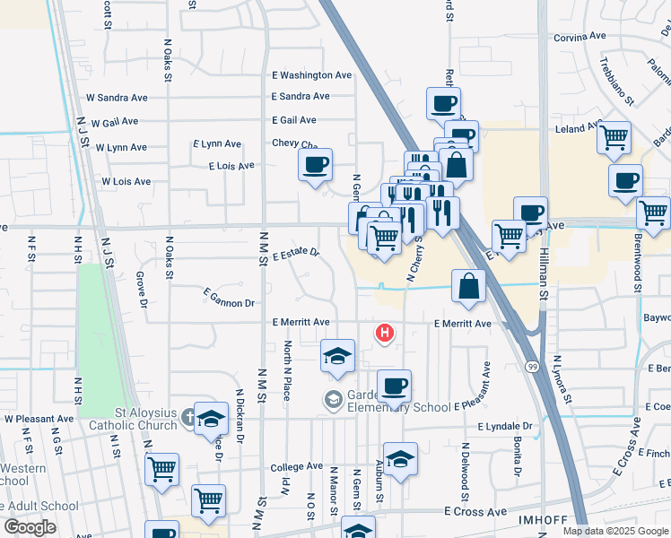 map of restaurants, bars, coffee shops, grocery stores, and more near 530 East Estate Drive in Tulare