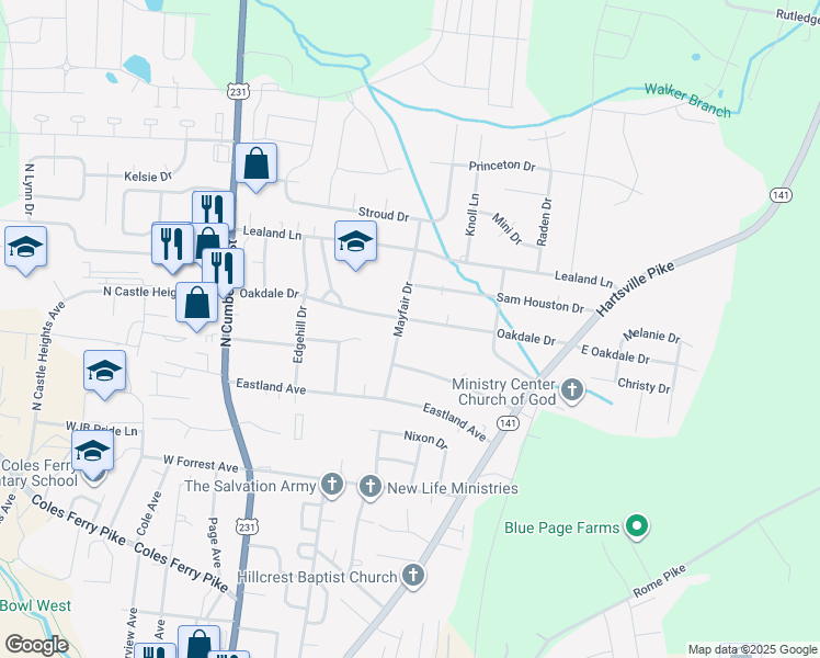 map of restaurants, bars, coffee shops, grocery stores, and more near 1005 Mayfair Drive in Lebanon