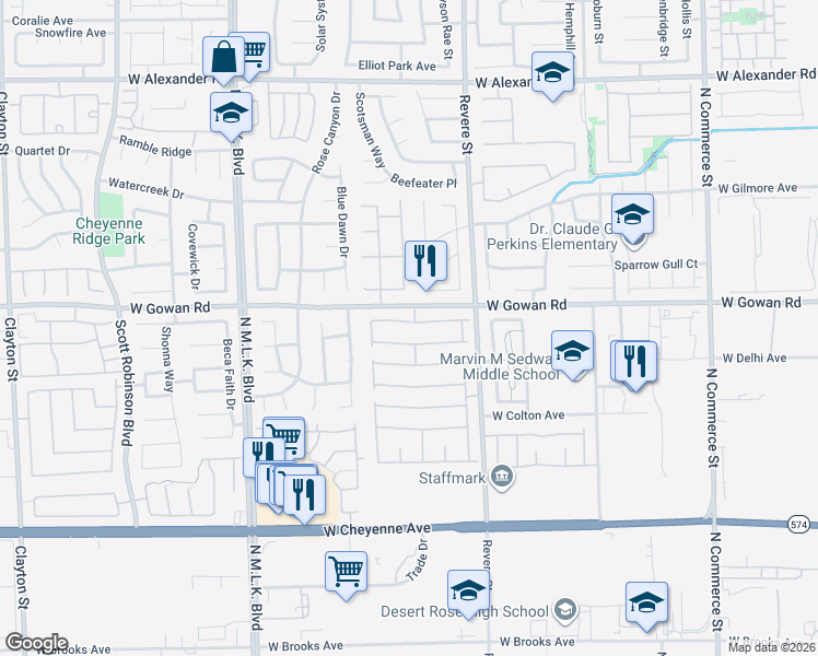 map of restaurants, bars, coffee shops, grocery stores, and more near 925 Baritone Way in North Las Vegas