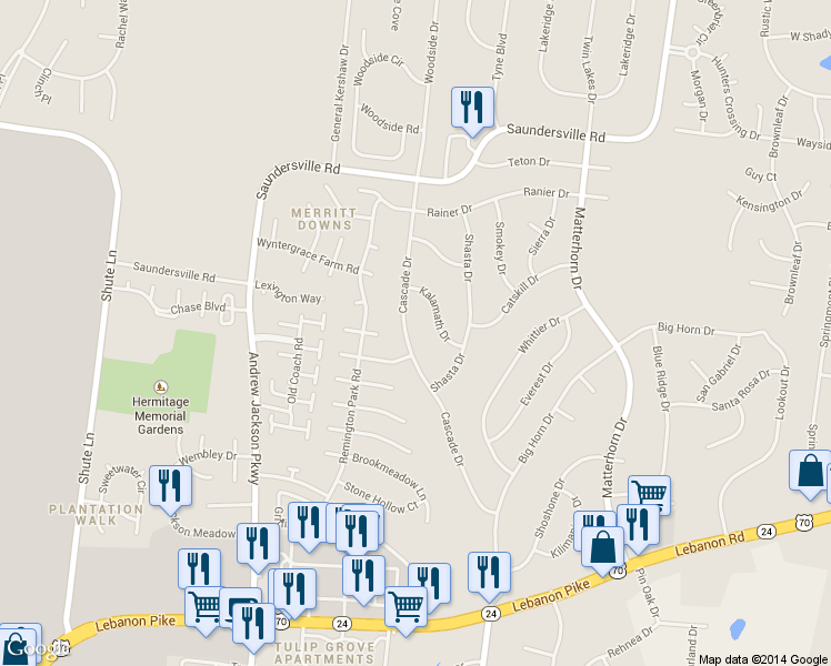 map of restaurants, bars, coffee shops, grocery stores, and more near 4793 Cascade Drive in Nashville